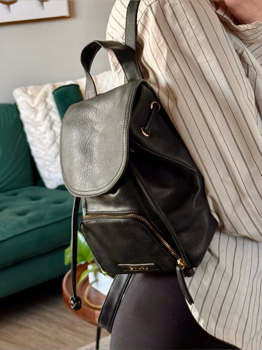 Loume Black Mini Backpack Purse Faux Leather Gold Hardware Drawstring Bag